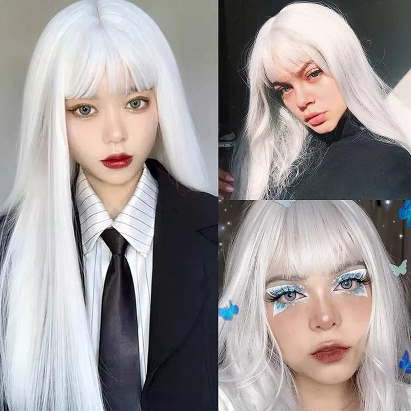 Netgo White Wig with Bangs, Long Straight White Wig for Women, 27 Inch Heat Resistant Synthetic Womens Hair Wigs for Cosplay Party Halloween - Image 3